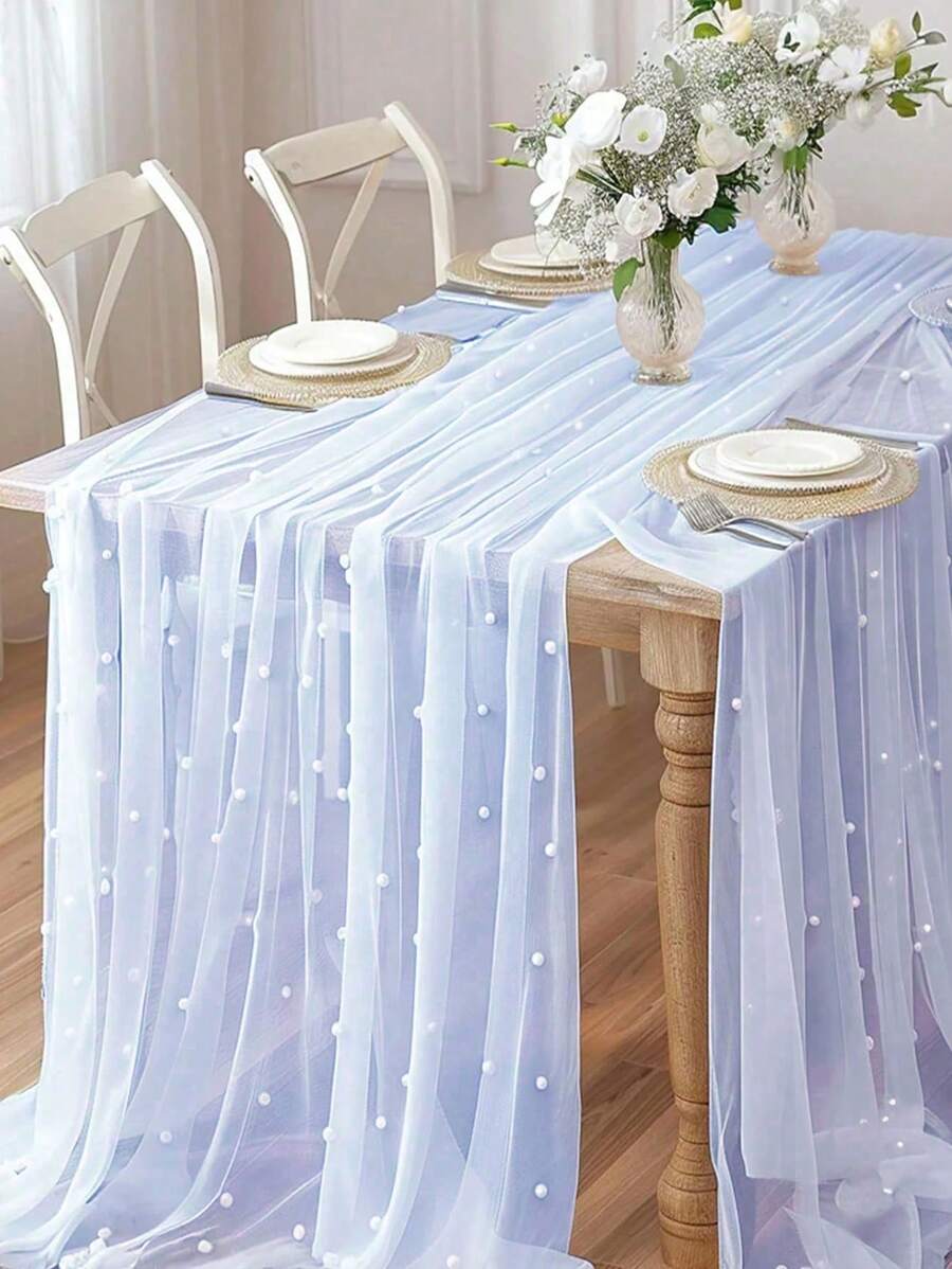 1pc-Faux Pearl Decor Table Runner, Wedding White Pearl Tulle Tablecloth, Wedding Arch Decoration Reception Bridal Shower, Party Decoration, Chair Streamer, Event Background Wall Decor,Christmas, Wedding Decoration Nylon Mesh Fabric New Pearl Hollow Mesh Fabric Valentine's Day