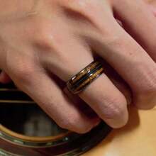 Coffee Color Rose Golden Ring Guitar String Stainless Steel Ring Inlaid Whiskey Barrel Wood Grain Ring For Men Engagement