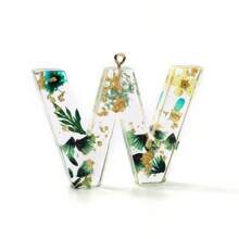 1pc Resin Dried Flower Letter Pendant, Floral Leaf & Golden Sequin Design, For DIY Keychains, Bag Charms, Etc.