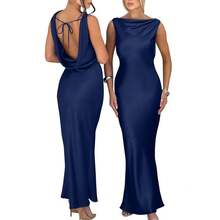 OYS Women's Satin Elegant Sleeveless High Neck Tie Cocktail Party Maxi Dress Fabric Formal - Dark Navy - View 2