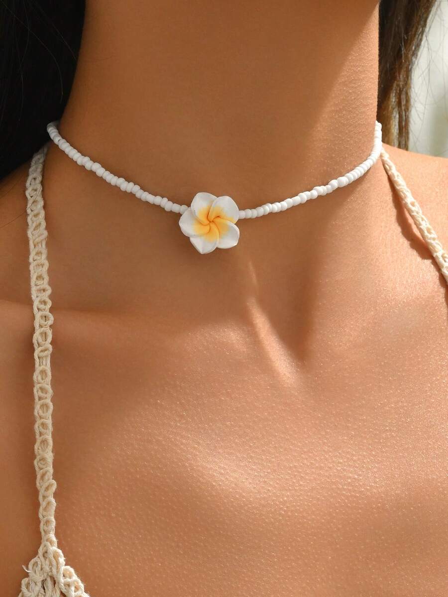 1 件波西米亚风格可调节聚合物粘土花朵编织项链，适合女士