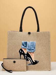 2pcs Letter Print Canvas Travel Tote Bag Set - Khaki - View 1
