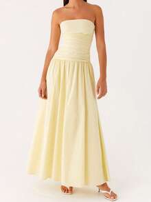 Women Tube Top Maxi Dress Elegant Sleeveless Strapless Ruched Flowy Dress Summer Long Wedding Party Cocktail Dresses - Yellow - View 3