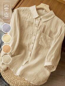 女士纯色简约刺绣夏季衬衫 - 杏色 - 查看 8