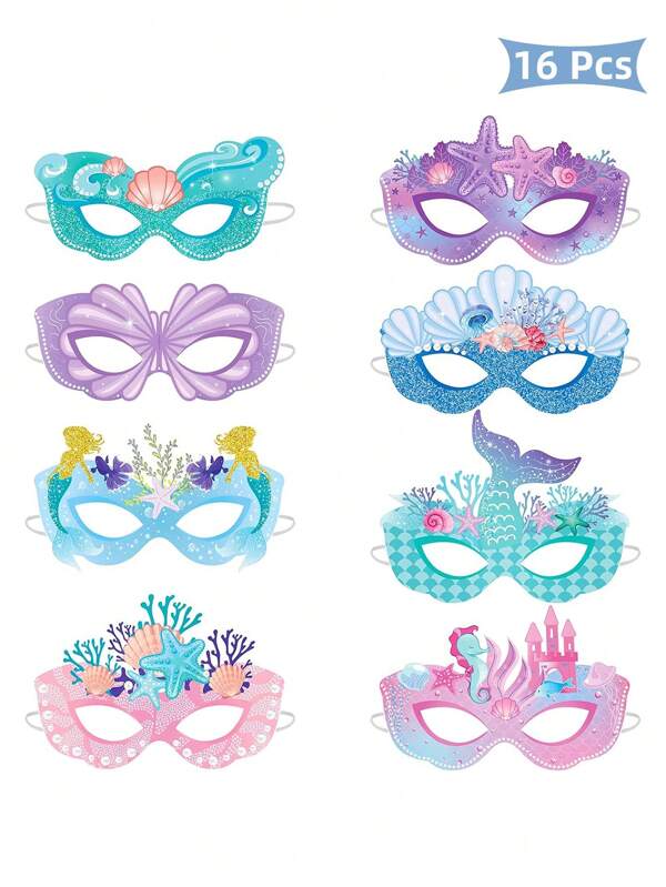 16 Pcs Mermaid Party Decorations Paper Mermaid Themed Paper Eyeglasses Summer Beach Photo Booth Props
