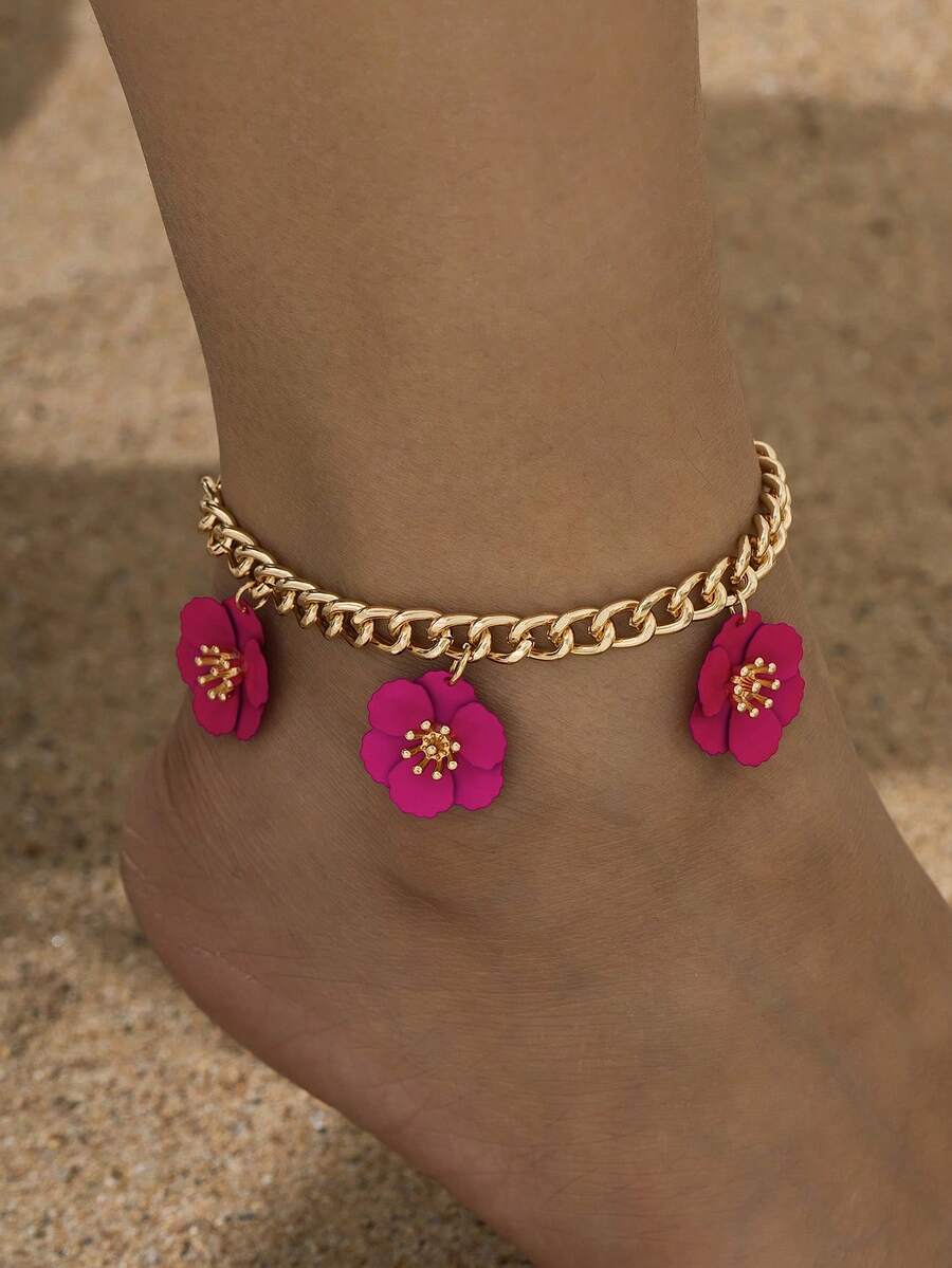 1 件粗链多巴胺主题双层三叶花脚链，充满活力的夏日海滩度假，适合女性、派对、约会、日常穿着的礼物 - 玫紅色 - 查看 1