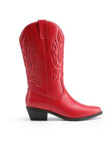 Women's Cowboy Boots Embroidery Stitching Pull-On  Almond Pointed Toe Chunky Heel Fashion Matching Dress Red Mid-Calf Boots - Đỏ - Xem 9