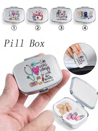 Fyrkantig pillerlåda, sjuksköterskemönster, bärbart pillerfodral, mini förvaringsask i metall, bärbar smyckespillerlåda, personlig kreativ present, rosett, sjuksköterskemössa, pillerflaskmönster, lämplig för resor, utomhusaktiviteter, för att lägga i väskor och fickor, kan användas som bröllopspresenter, presenter och mottagningsdekorationer, unik design dekorativ reseförvaringsask, mors dag-present, present till vänner, sjuksköterskepresent