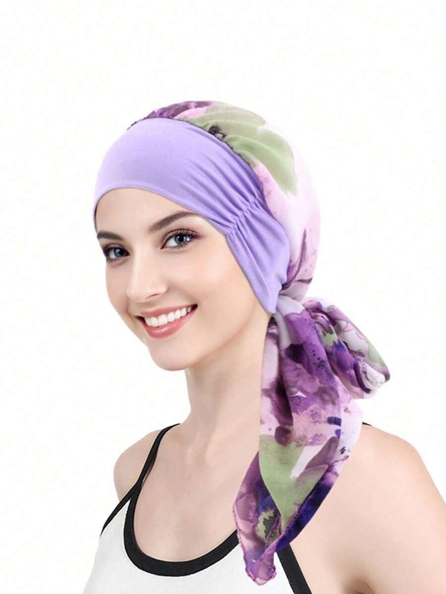 1 pieza Turbante de mujer, pañuelo para cáncer y quimioterapia, gorra con estampado de flores, cobertura para pérdida de cabello, pañuelo elástico, venda pre-atada, gorro para dormir - Multicolor - Ver 1