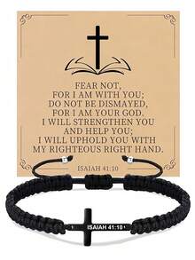 Goodwaro 1 件 18K 镀金不锈钢基督教礼物十字架手链，男/女手工编织信仰励志祈祷珠宝礼物 - 黑色 - 查看 19