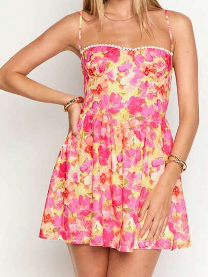 Women Mini Dress Floral Print Spaghetti Strap Cami Dress Summer Fashion Sleeveless Casual Dress