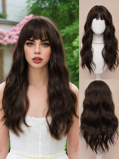 XYUNMI Dark Brown Long Curly Wavy Wig 26 Inch With Bangs Fluffy Hair Lightweight Breathable Synthetic Heat Resistant Fiber Wig For Women Daily Wear Date Party Cosplay Halloween Lolita Fashion Elegant Long Curly Wig For All Races