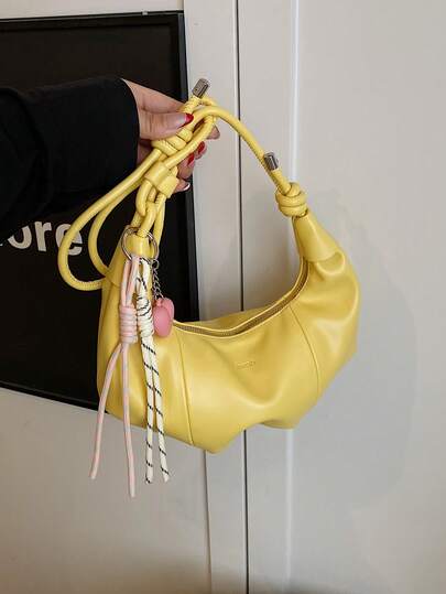 1pc Solid Color PU Shoulder Bag, Large Capacity Crescent Handbag For Adult Women, Fashion Outfit For Outdoor Shopping