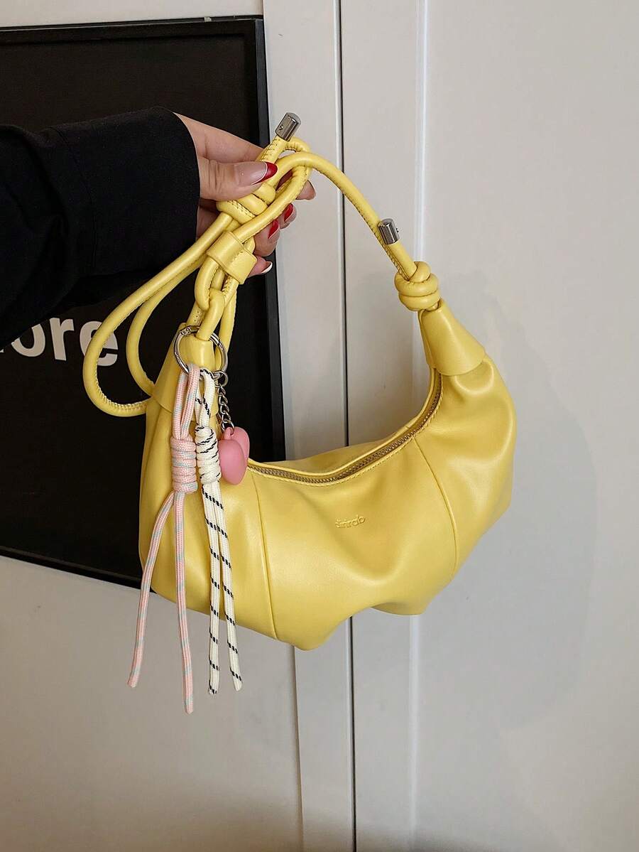 1 pieza Bolso de hombro de unicolor de PU, bolso de mano en forma de media luna de gran capacidad para mujeres adultas, conjunto de moda para compras al aire libre - Amarillo - Ver 1