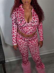 Spring And Summer Leopard Print 2 Pieces Set Causal Street Outfits Women Y2K Fashion Long Sleeve Zip Hooded Crop Tops Pants Set