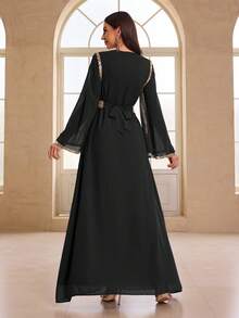 YISIKADO Váy dài tay thắt đai sequin chiffon phong cách Ả Rập dành cho nữ cho những dịp trang trọng - màu đen - Xem 3