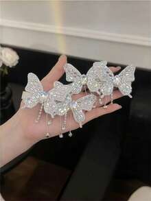1个/2个装女士闪亮水晶蝴蝶流苏爪夹，优雅派对/休闲发型配饰，适用于马尾辫、刘海、侧边装饰，可爱优雅的发爪发夹，发饰 - 銀色 - 查看 3