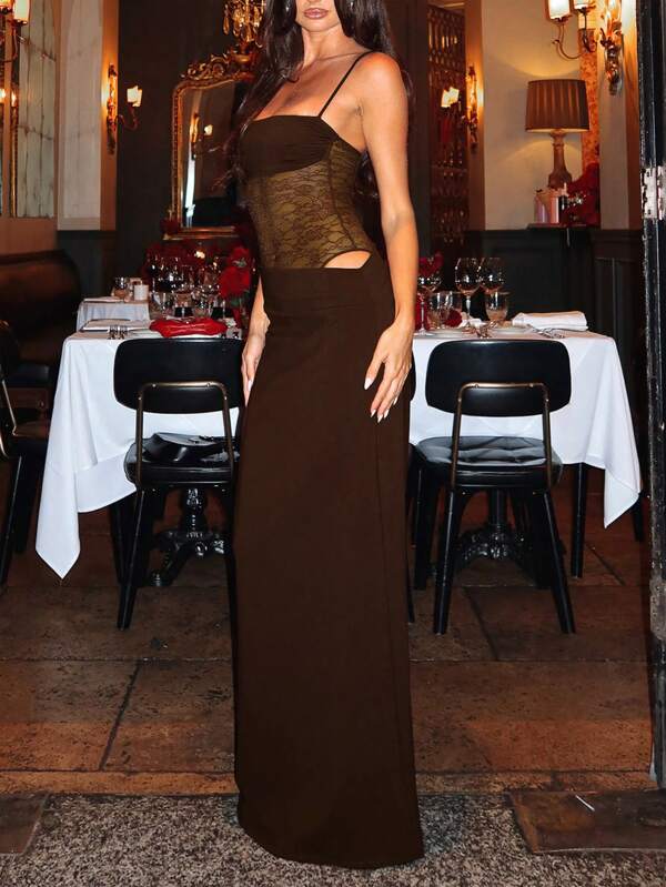 Elegancka, brązowa sukienka wieczorowa dla kobiet, idealna na co dzień, wesele, rocznicę, festiwal muzyczny, romantyczne wakacje, randkę walentynkową, modna, seksowna, koronkowa, patchworkowa sukienka maxi z rybim ogonem