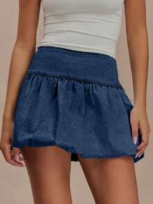 High Waist  Denim Mini Skirt For Women - Solid Color Summer Casual Chic Jean Skirt With Elegant Sweet Style - 深色水洗藍 - 查看 2