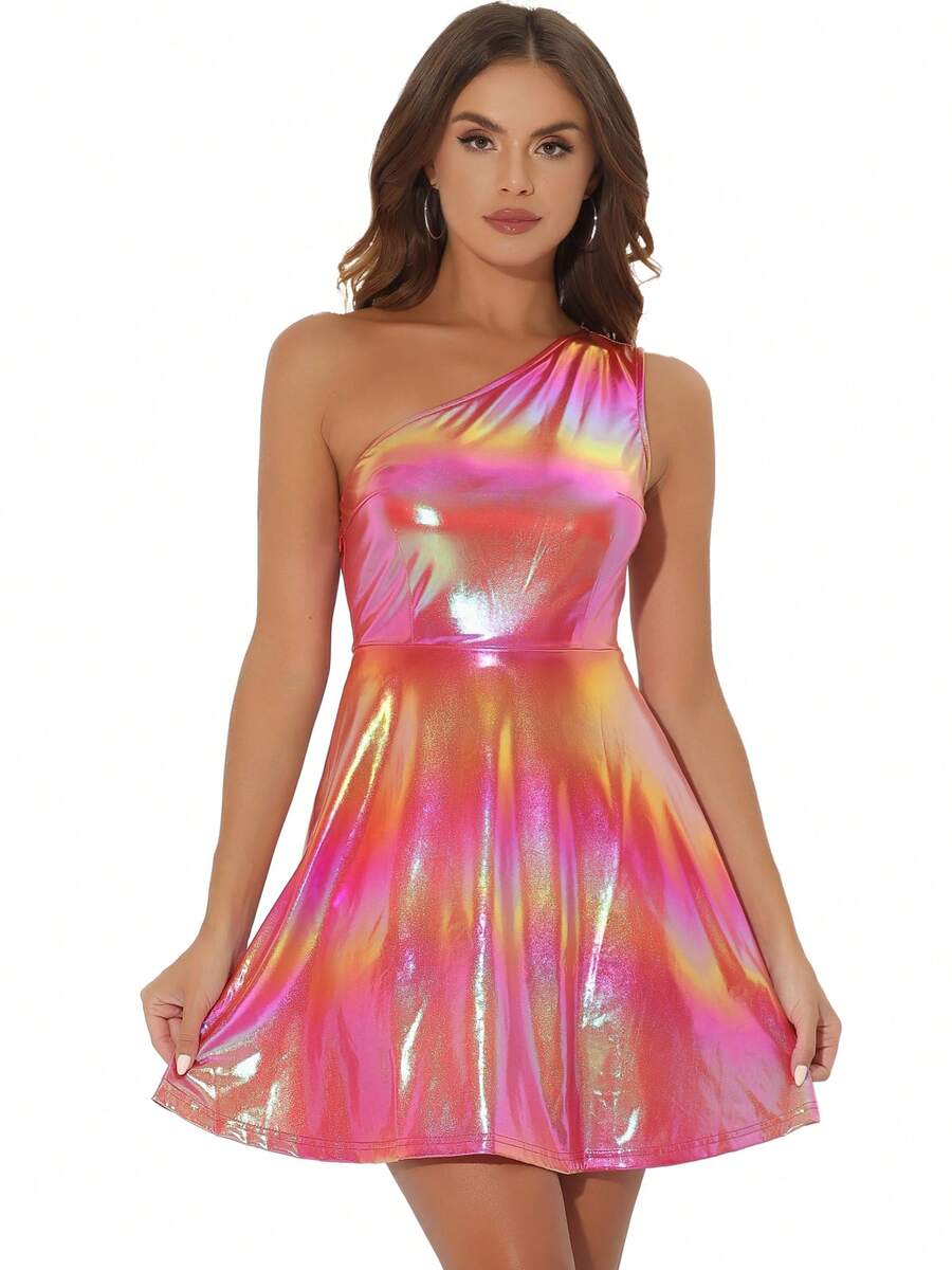 Women's Sparkle Dress Disco Party One Shoulder Sleeveless Holographic ...