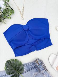 ELLIE Women's Strapless Crop Top With Button Details - 寶藍色 - 查看 1
