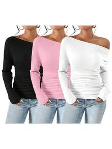 Women's Plain Minimalist Basic Ruched Asymmetrical Neck Drop Shoulder Tee, Elegance Mufti Clothes, Fall Long Sleeve T-Shirt For Everyday, Back To School T Shirts, Lady Clothes For Streetwear, Womenswear, Casual Wear - 黑色*1件+粉紅色*1件+白色*1件 - 查看 2