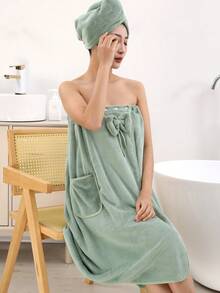 2pcs Plus Size Women Thick Bathrobe And Shower Cap Set - Set 2 potong warna hijau - View 5