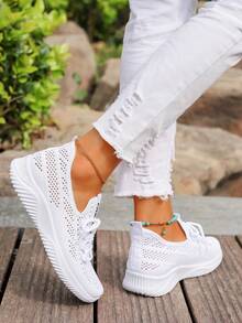 夏季女士透气网眼一脚蹬休闲运动鞋，软底防滑轻便运动鞋 - 白色 - 查看 5