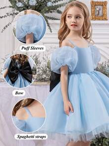 Young Girls Elegant Bowknot Strap Dress, Delicate Princess Dress Suitable For Flower Girl, Wedding, Party, Birthday, Prom And Other Formal Occasions - Blue - View 4