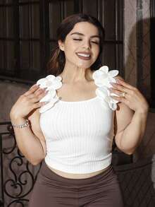 Lupita Cardoza Damen Ärmellos Top mit quadratischem Ausschnitt, Blumen Dekor, Lässig, Ripp-Strick