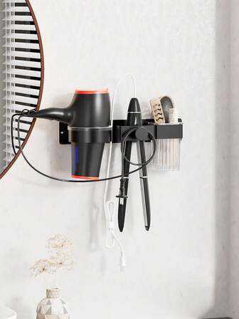 1 pieza Soporte de pared para secador de pelo y alisador, organizador de baño sin taladrar, apto para secador de pelo, plancha, rizador y cepillo - Estante de almacenamiento de baño que ahorra espacio, accesorios de baño, herramientas de baño