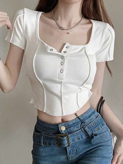 纯色罗纹针织半扣修身短袖T恤