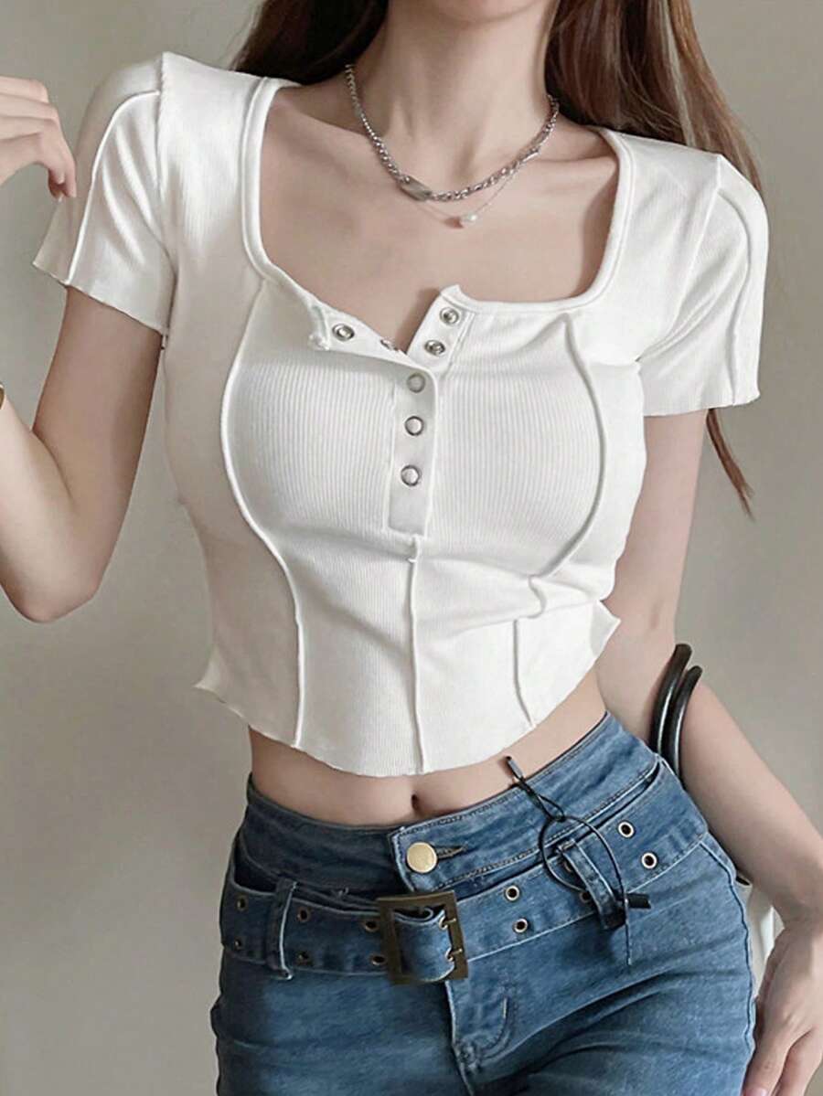 纯色罗纹针织半扣修身短袖T恤 - 白色 - 查看 1