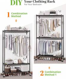 Heavy Duty Wire Garment Rack Clothes Rack With Shelves And Double Rods, Rolling Clothing Rack For Hanging Clothes, Portable Freestanding Closet Storage Shelves Rack With Wheels And Hooks - 97 X 56.8 X 190cm - View 9
