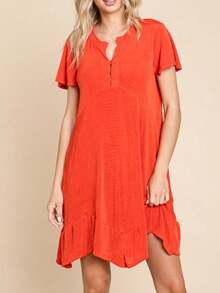 Women's Casual A-Line Dress Basic Short Sleeve Ruffled Asymmetric Hem Shirt Dress Buttoned Keyhole Neck Red Soft Lightweight Fabric Side Pocket Ideal For Spring/Summer Seasons For A Relaxed Effortless Look - Màu Cam san hô - Xem 3
