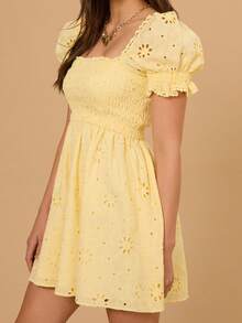 Women's Short Puff Sleeve Mini Dress Eyelet Shirred Bust Square Neck A-Line Dress