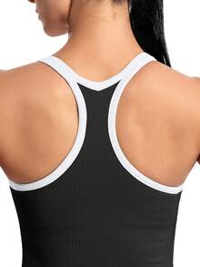 1 件女式纯色撞色条纹固定衬垫运动吊带背心 - 黑色 - 查看 5