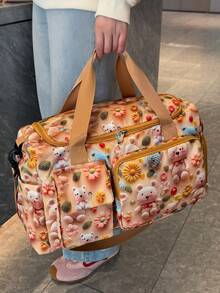 1pc Teddy Bear Graphic Travel Luggage Bag, Large Capacity With Separate Shoe Compartment, Wet Dry Divider Bag, Detachable Adjustable Shoulder Strap, Suitable For Travel, Swimming, Fitness And Sports - Yellow - View 4