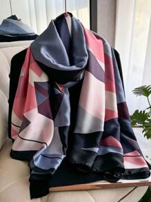 1 件女士几何印花仿丝围巾，时尚百搭防晒披肩，旅行和日常装饰，春秋