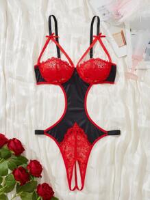 Lencería de talle alto para mujer con detalles de encaje con costuras, diseño atractivo con lazos, ropa de dormir de dormitorio, lencería íntima para el Día de San Valentín, atuendo lujoso adecuado para citas