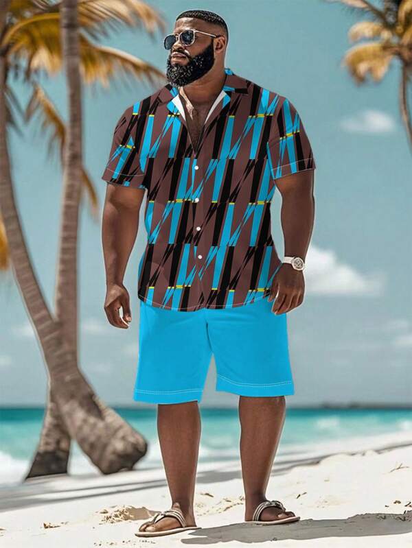 Plus Size Men 2pcs Set Casual Printed Short Sleeve Shirt & Shorts, Minimalist Fashion Daily Wear, Men Shirt Set