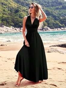 Women Casual Vacation Sexy Solid Color Halter Backless Cinched Waist Dress