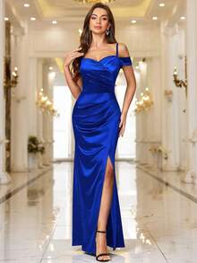 53300 Women's Sexy Off Shoulder Satin High Split Wrap Ruched Style Evening Party Maxi Dress - Black - View 7