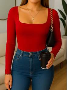 3-Pack Cropped Long Sleeve Square Neckline Basic Women's Winter - Gray/Red/White - View 2