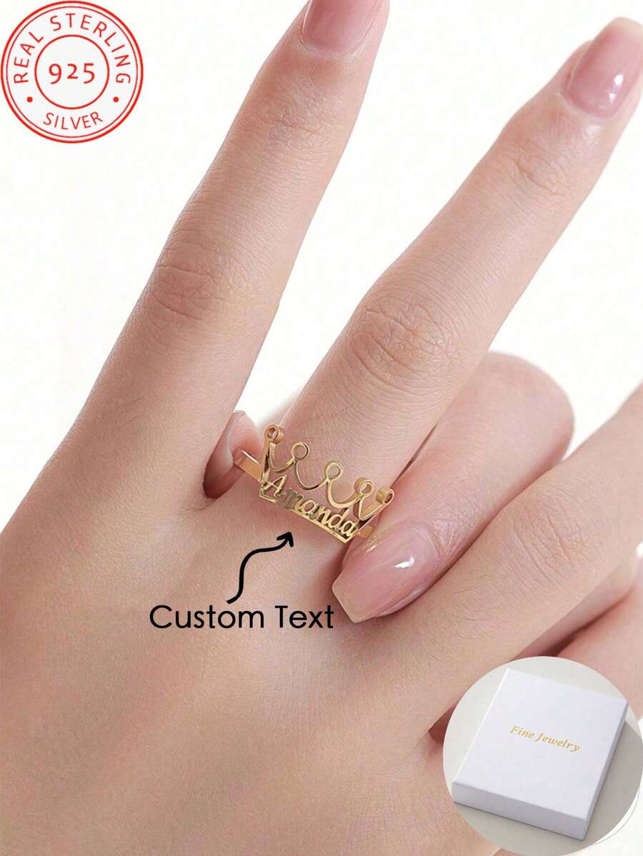 A 925 Silver Custom Fashion , Luxury Crown Hollow With English Name Custom Open Ring, Fashion Daily Banquet Party Music Festival Dance Party Dressing Accessories.
