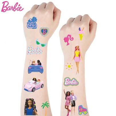 Mattel 6张芭比官方授权芭比纹身贴纸，可爱彩色防水临时纹身贴纸，卡通图案，时尚身体装饰艺术，生日派对婚礼用品礼品