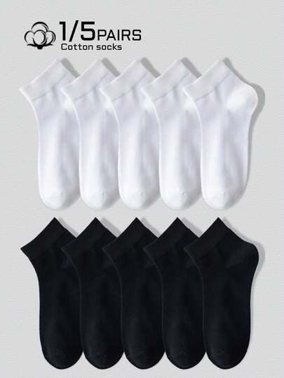 1双/5双女士网眼透气棉质吸汗黑白简约短袜，春夏季百搭休闲袜
