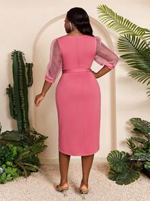 Mgiacy-淑女，新品，V领，甜美，大码传统非洲连衣裙，灯笼袖，透视，腰带，金属扣，紧身连衣裙