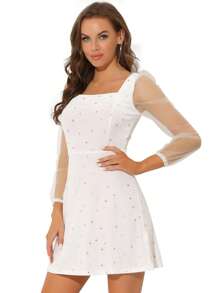 Women's Summer Prom Mesh Sheer Sleeve Sparkly Party Glitter Star Metallic Velvet Dress