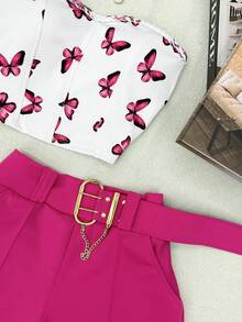 AMYLAN FASHION Neoprene Set Of Butterfly Crop Top With Padding + Shorts With Belt - Màu Hồng Tươi - Xem 4